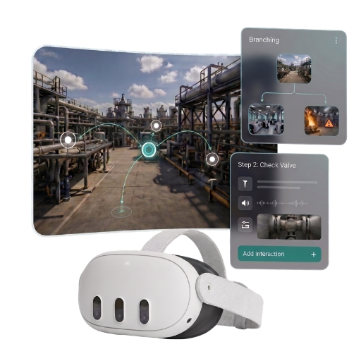VRBuilder 360° scene editor, branching panels and a VR headset